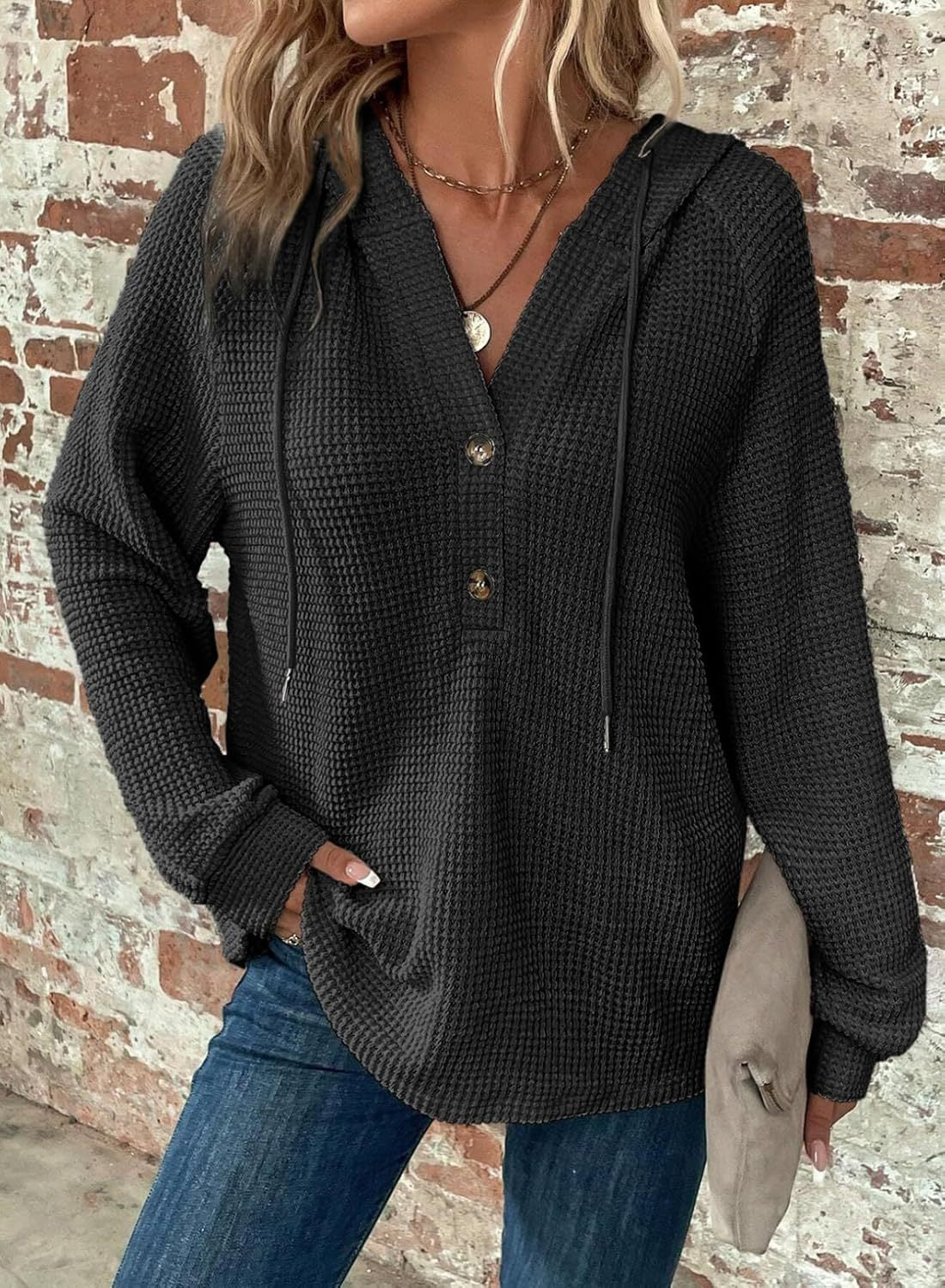 Waffle Hooded Sweater Sweatshirt Fashion Casual Long-sleeved Drawstring V-neck Buttons Top Women's Clothing - image 7