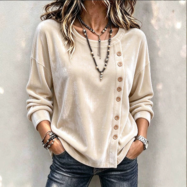 Velvet Asymmetric Button Long Sleeve Top - image 4