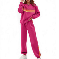 Round Neck Loose Color Stripes Elastic Waist Pants Sweater Suit - image 3