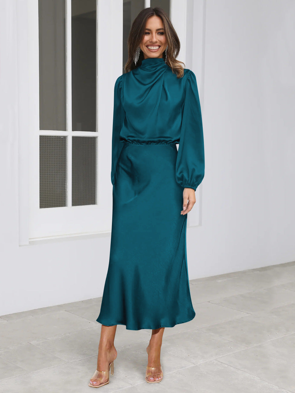 Women's Satin Mock Neck Long Sleeve Midi Dress - image 2