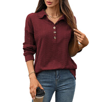 Solid Color Polo Collar Button Loose Long Sleeve Sweatershirt - image 9