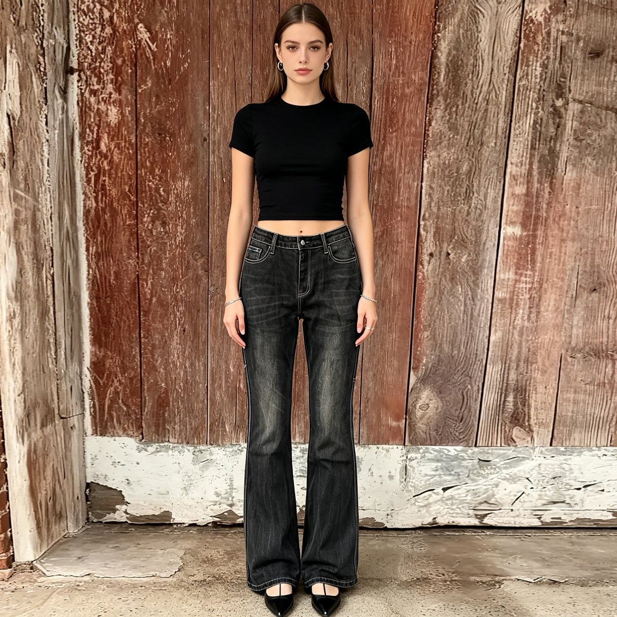 Black Flare Jeans Women Vintage Washed Contrast Denim Pants Retro Style - image 3