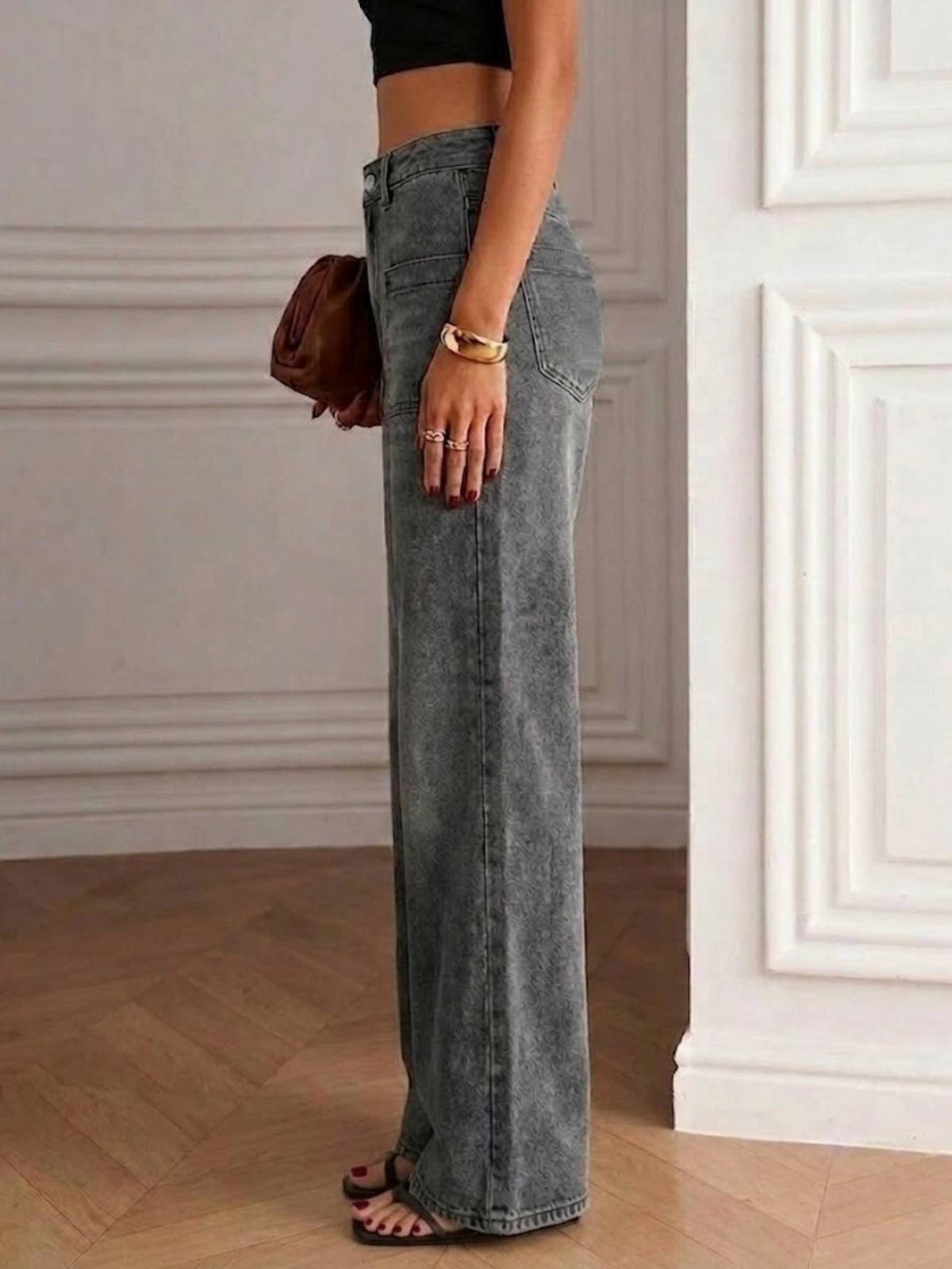 Gray High-Waist Patch Pocket Wide Leg Jeans - image 4