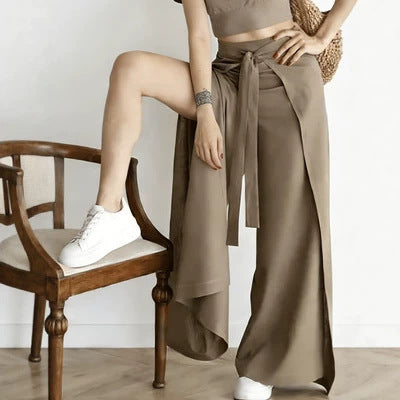 High Waist Tie-Front Slit Wide Leg Pants - image 3