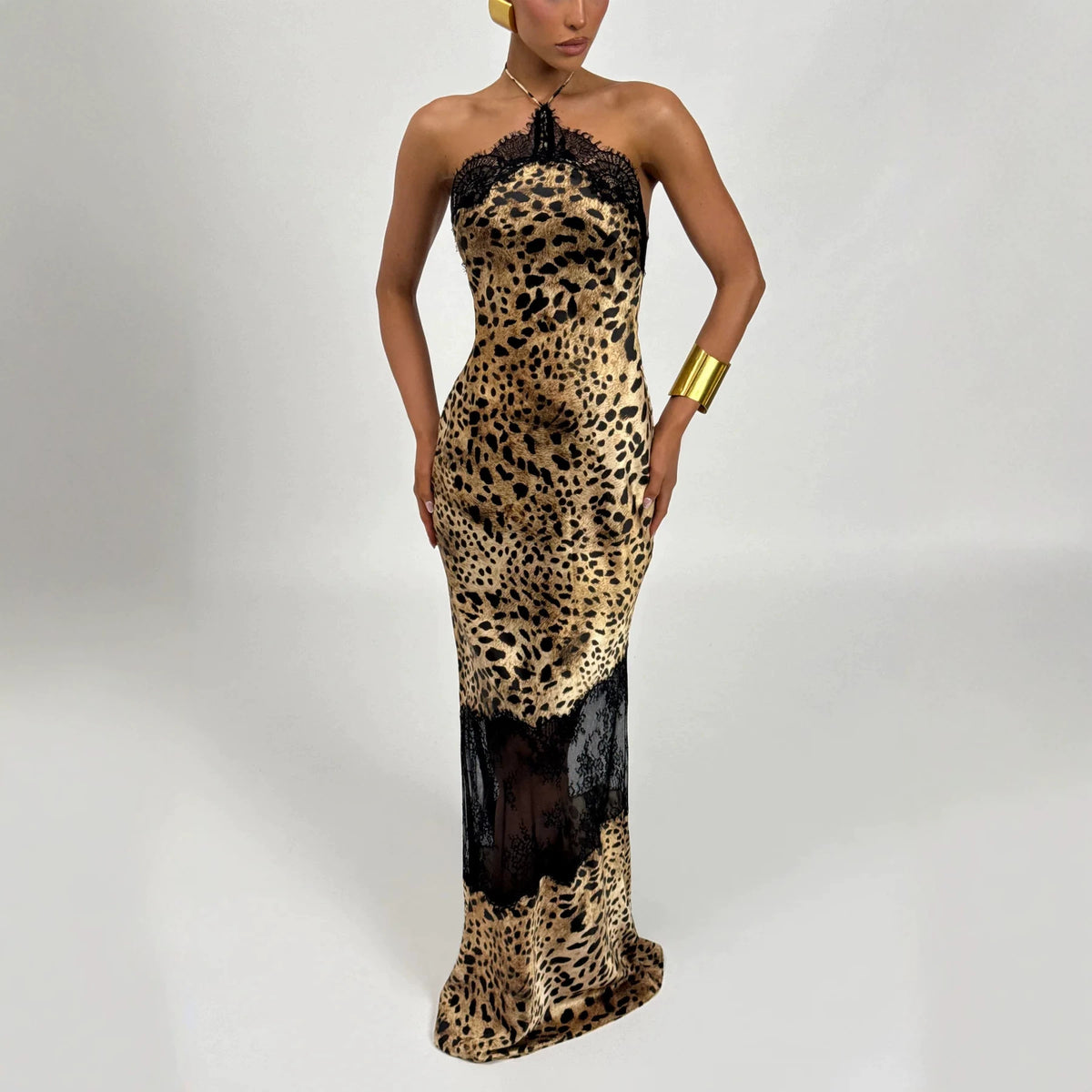 Retro Leopard Print Lace Trim Halter Dress - image 2
