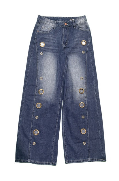 Women Wide Leg Jeans High Waist Blue Washed Grommet Baggy Denim Pants - image 2