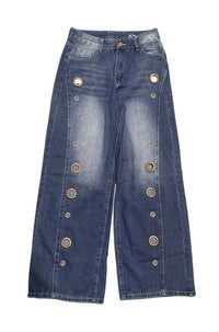 Women Wide Leg Jeans High Waist Blue Washed Grommet Baggy Denim Pants - image 2