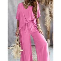 Women's 2 Piece Outfit, Casual Solid Color V-Neck Half Sleeve Top And Wide Leg Pants Lounge Set - image 9