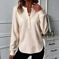 Womens V-neck, Buttoned Long-sleeve Top With A Double-curved Hem - image 4