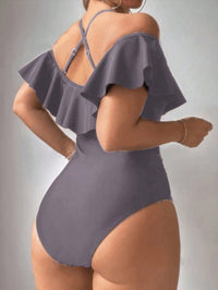 Off-Shoulder Ruffle One-Piece Swimsuit, Halter Neck Tummy Control Bathing Suit - image 5