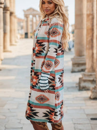 Women's Sweater - Multicolor Geometric Color Block Open Front Long Cardigan - image 5