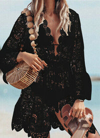 Women's Lace Beach Cover Up Dress, V-Neck Bell Sleeve Boho Swimsuit Cover Up - image 5
