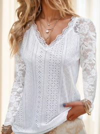 Contrast Lace V-neck Eyelet T-Shirt - image 1