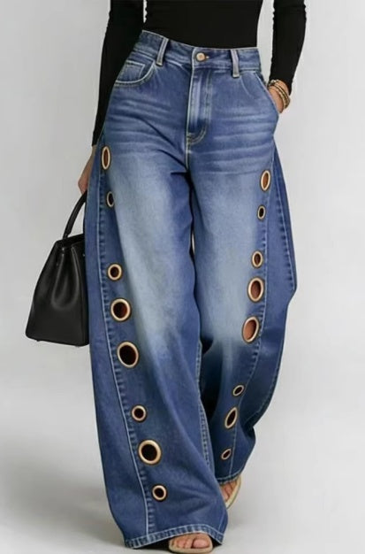 Women Wide Leg Jeans High Waist Blue Washed Grommet Baggy Denim Pants - image 8