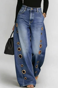Women Wide Leg Jeans High Waist Blue Washed Grommet Baggy Denim Pants - image 8