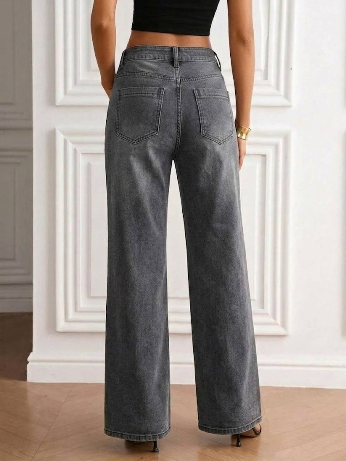 Gray High-Waist Patch Pocket Wide Leg Jeans - image 2