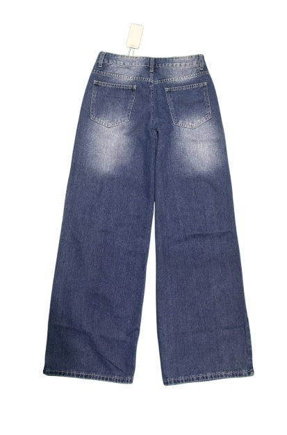 Women Wide Leg Jeans High Waist Blue Washed Grommet Baggy Denim Pants - image 6