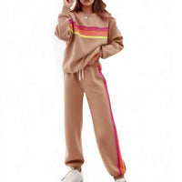 Round Neck Loose Color Stripes Elastic Waist Pants Sweater Suit - image 12