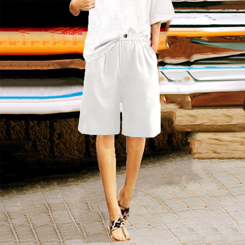 Women's Casual High Waist Loose Fit Solid Color Shorts - Button & Elastic Waist With Pockets - image 4