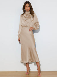 Women's Satin Mock Neck Long Sleeve Midi Dress - image 10