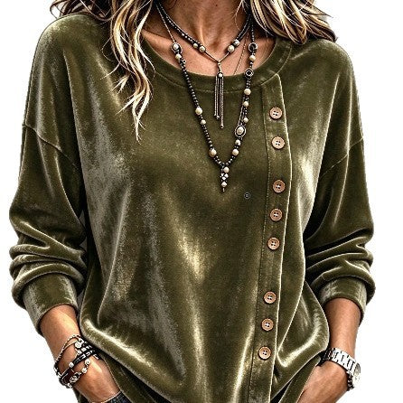 Velvet Asymmetric Button Long Sleeve Top - image 5