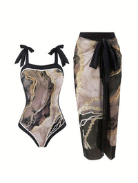 Women's Marble Print Tie Strap One-Piece Swimsuit with Sarong - image 1