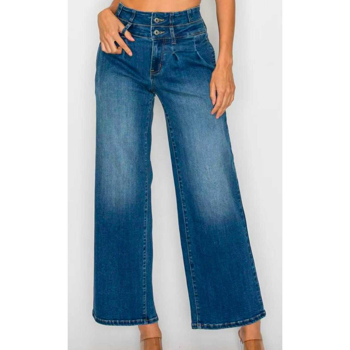Women's Medium Blue Elastic Waist Jeans - Wide Leg Casual Denim - image 6