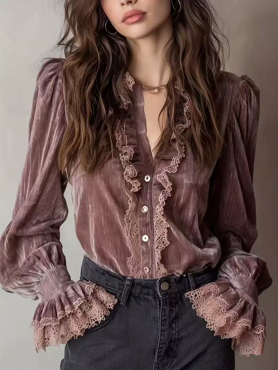 Women's Vintage Velvet V-Neck Blouse