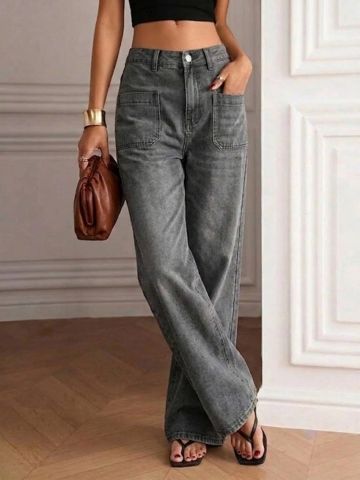 Gray High-Waist Patch Pocket Wide Leg Jeans - image 6