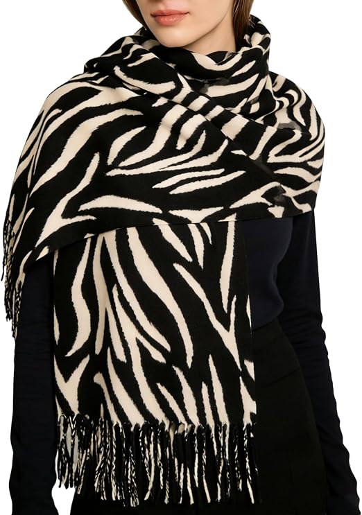 Women's Zebra Print Oversized Blanket Scarf, Double-Sided Winter Shawl Wrap with Tassels - image 3