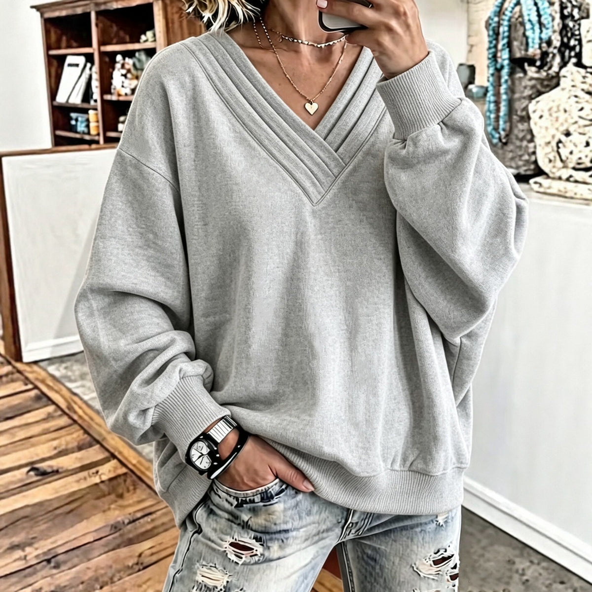 Women's Loose V-Neck Brushed Hoodie - image 2