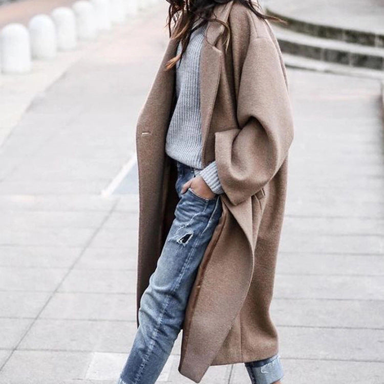 Women's Long Woolen Lapel Coat with Pockets, Khaki Single Breasted Winter Overcoat