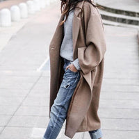 Women's Long Woolen Lapel Coat with Pockets, Khaki Single Breasted Winter Overcoat - image 5