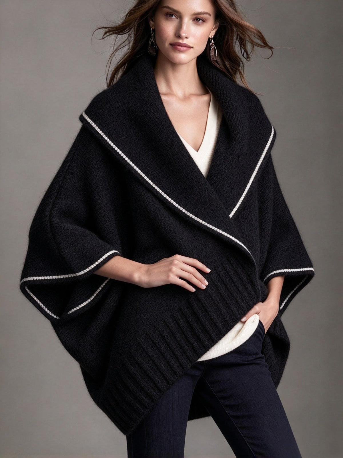 Knit Cape Shawl Coat with Contrast Trim - image 8
