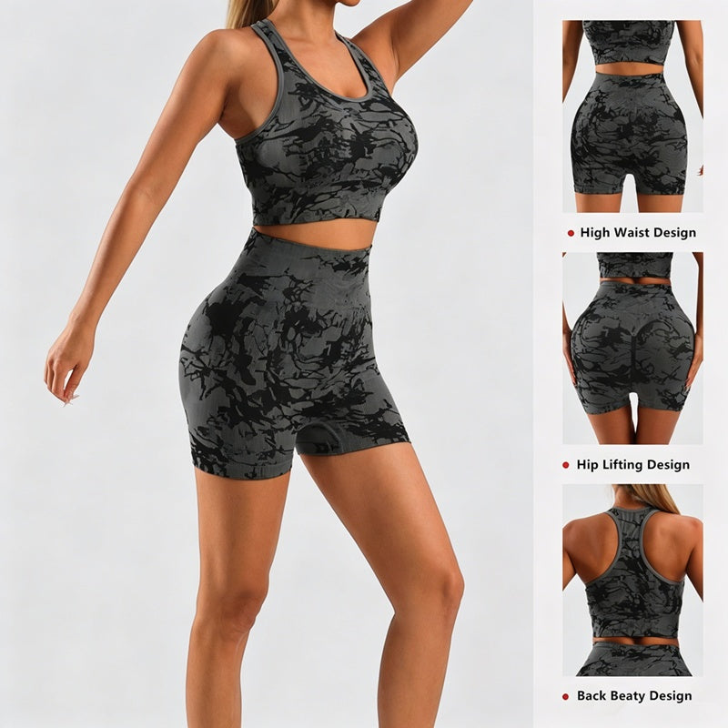 Women's 2 Piece Tie Dye Seamless Workout Set, Sports Bra and High Waist Yoga Shorts - image 3