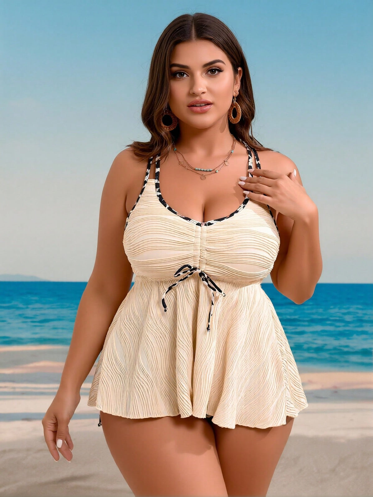Women's Plus Size Beige Crinkle Swim Dress Tankini Set - image 2
