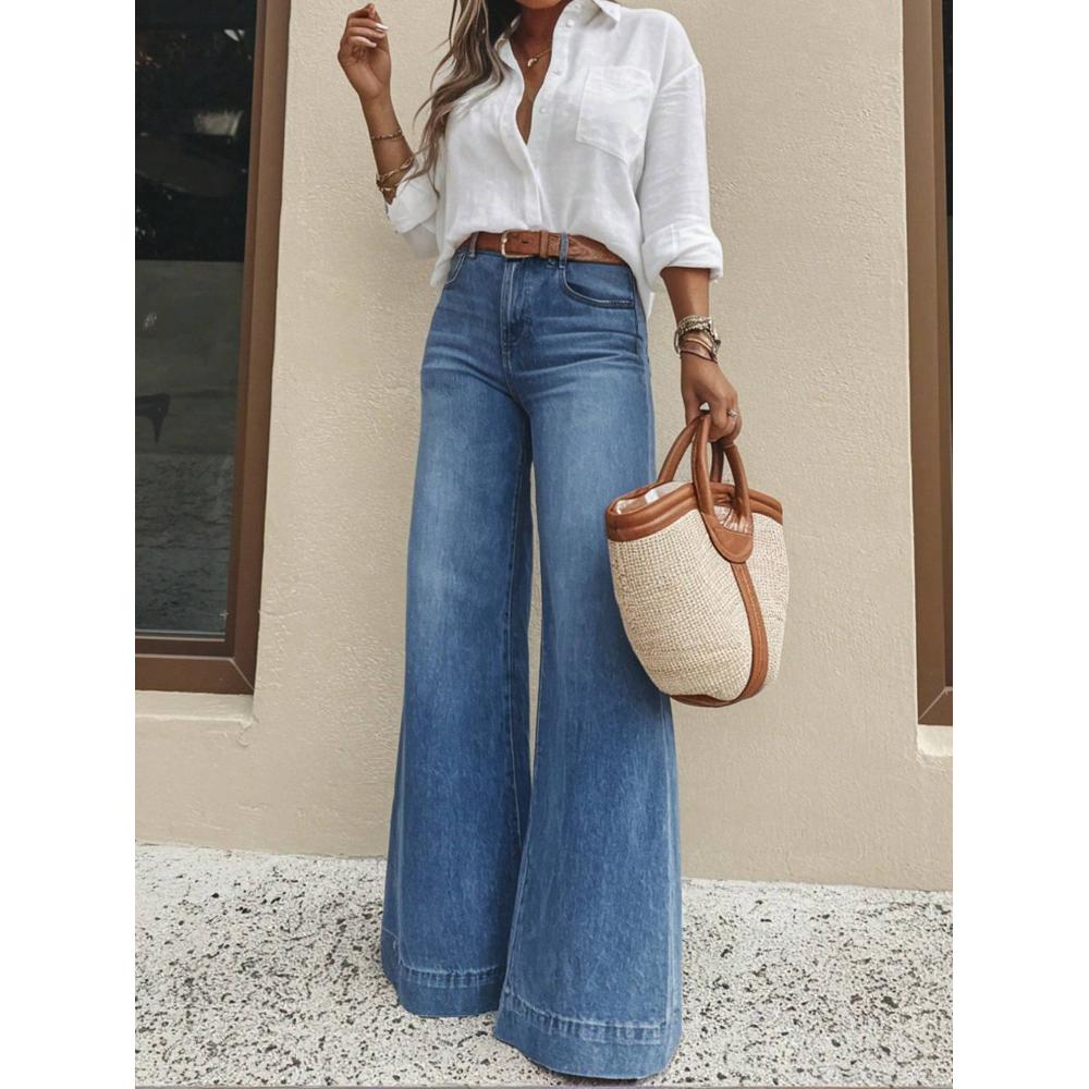 Jeans clásicos azul medio de pierna ancha y tiro alto