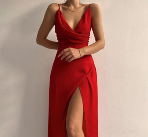 Women's Draped V-Neck Spaghetti Strap Slit Maxi Dress, Fitted Cami Dress - image 10