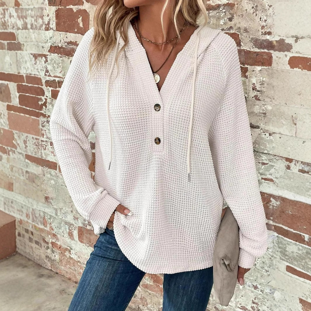 Waffle Hooded Sweater Sweatshirt Fashion Casual Long-sleeved Drawstring V-neck Buttons Top Women's Clothing - image 5