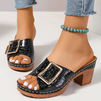 Fashion Crocodile-textured Buckle Sandals Square Chunky Heel Peep-toe Slides Slippers Women Shoes - image 1
