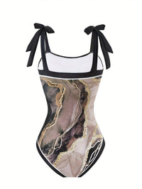 Women's Marble Print Tie Strap One-Piece Swimsuit with Sarong - image 3