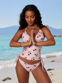 Women's Pink Gingham Cherry Print Halter Bikini - image 4