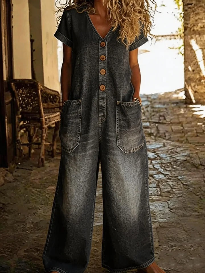 Comfortable Pocketed Short-Sleeve Casual Wide-Leg Jumpsuit - image 9