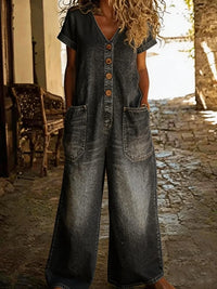 Comfortable Pocketed Short-Sleeve Casual Wide-Leg Jumpsuit - image 9
