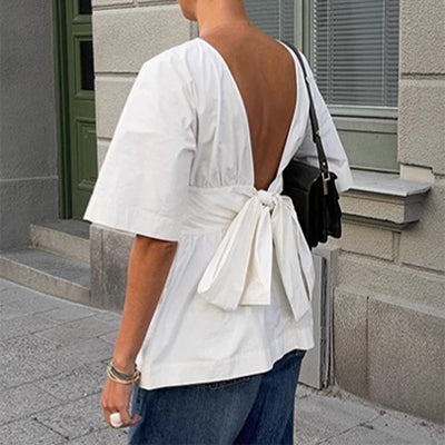 Summer Backless Short Sleeve T-shirt With Back-tied Design Fashion Bat Sleeve Top For Women Clothing - image 5