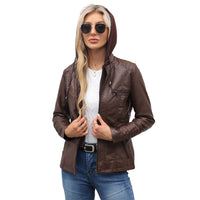 Women's Slim Fit Hooded Faux Leather Jacket - image 5