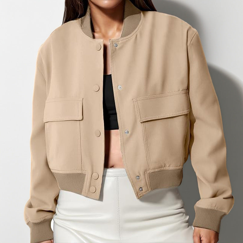 Women's Cropped Bomber Jacket, Stand Collar Snap Button Jacket with Flap Pockets - image 6