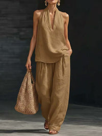 Conjunto de 2 piezas: top halter con escote en V y pantalón de pierna ancha - image 8