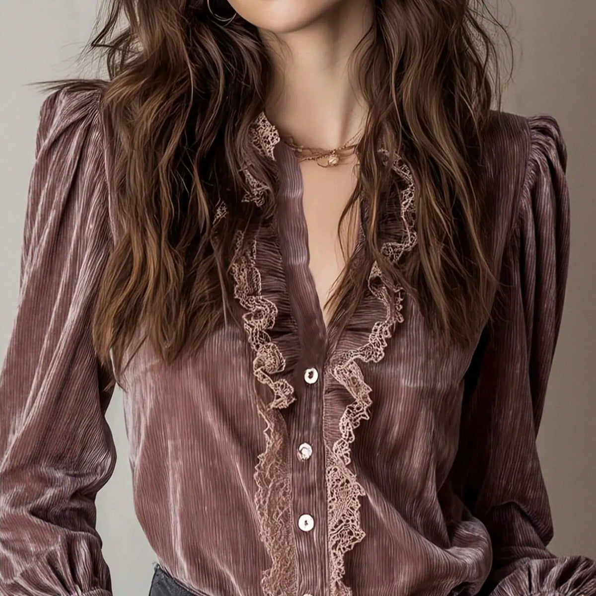 Women's Vintage Velvet V-Neck Blouse - image 2