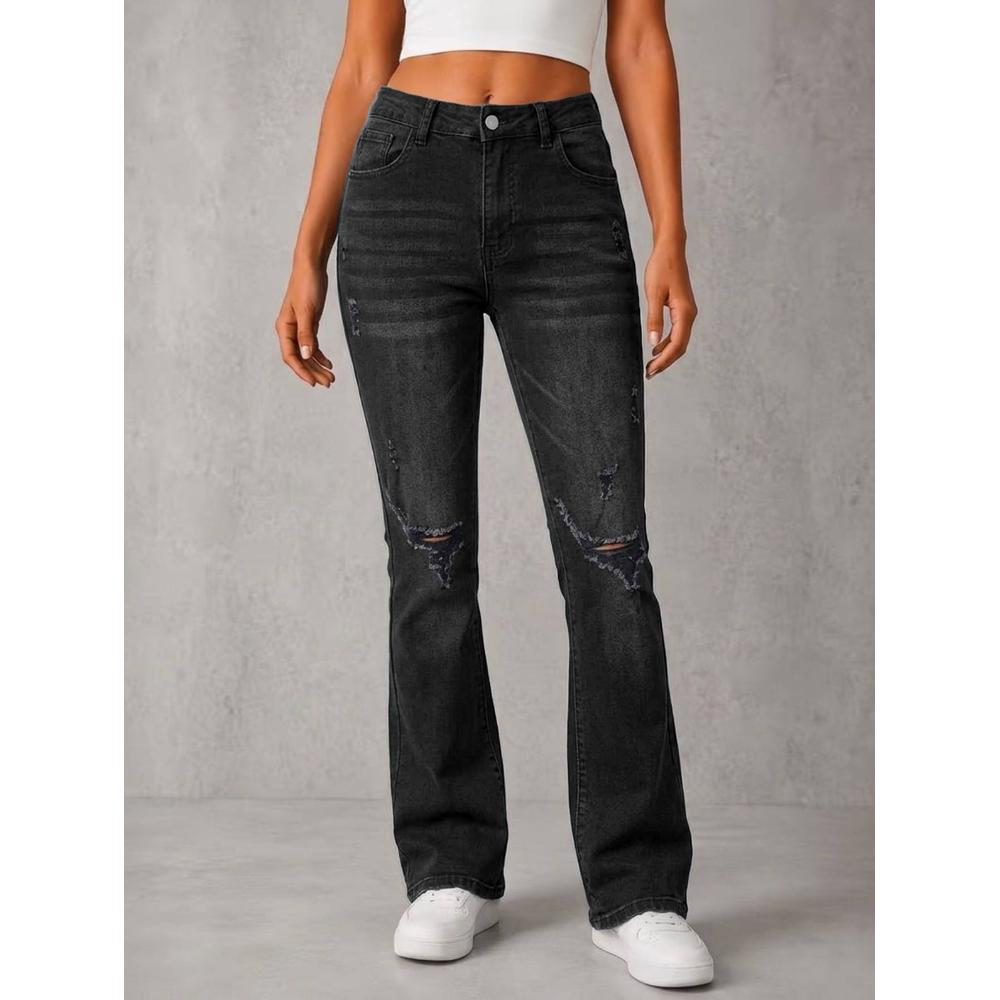 High-Waist Washed Gray Ripped Flare Jeans